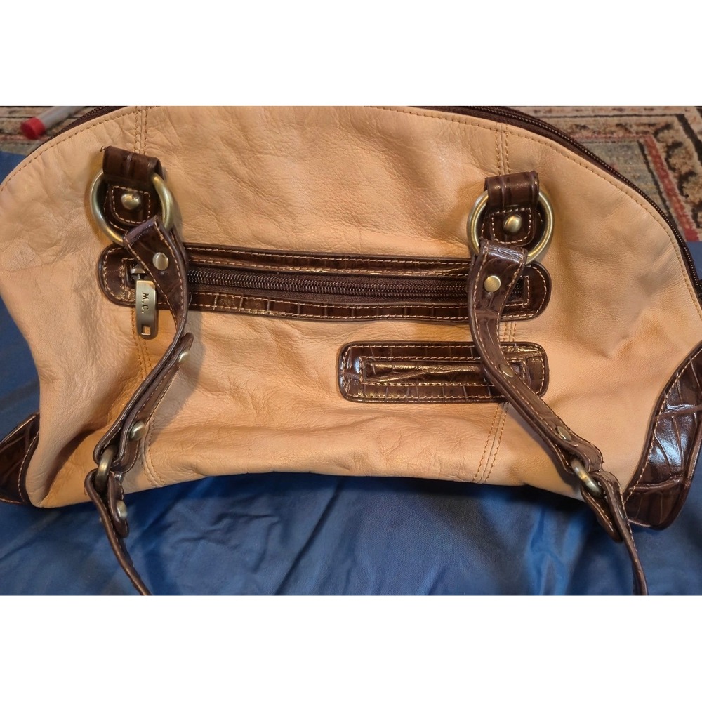 M.C. Tan Leather‎ Brown Croc Embossed Trim Shoulder Bag Gold Hardware Satchel